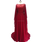 2018 Dark Red Long Sleeves Evening Dress Dubai Plus Size Sheer Beaded Mother Matching Daughter Formal Gowns
