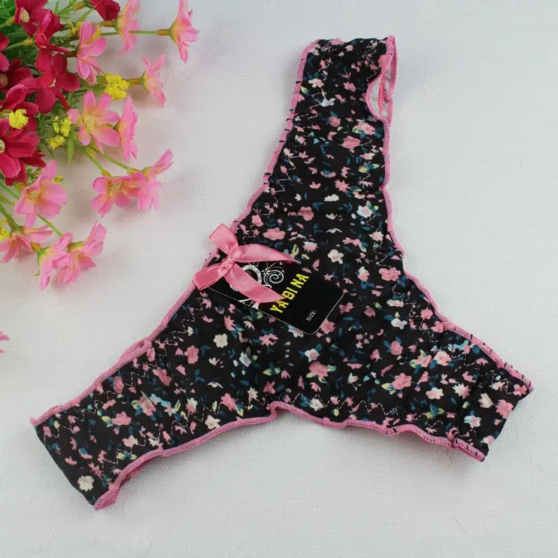 Stock sey Cotton g string thongs women panties underwear briefs Cotton black with little Floral g-string ropa bragas tangas calc