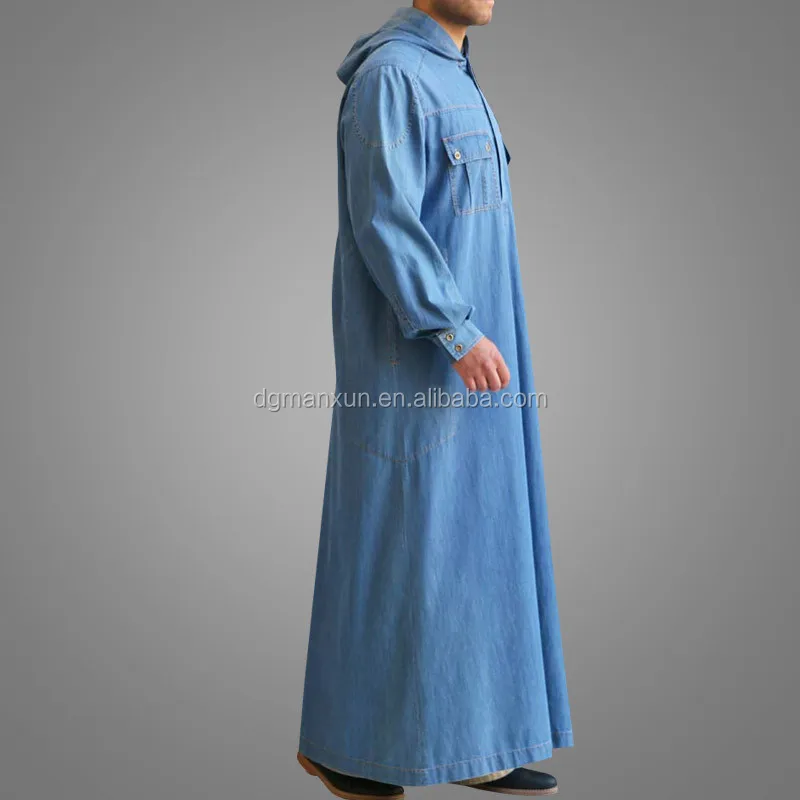 Wholesale Hot selling Muslim Men's Thobe Hooded Denim Abaya (3).jpg
