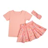 Boutique OEM popular girl pure orange color short shirt and floral small flower pattern skirt set with headband fit 6months-8yrs