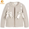 Factory OEM Baby Girls Beige Knitted Cardigan with Satin Ribbon Bows