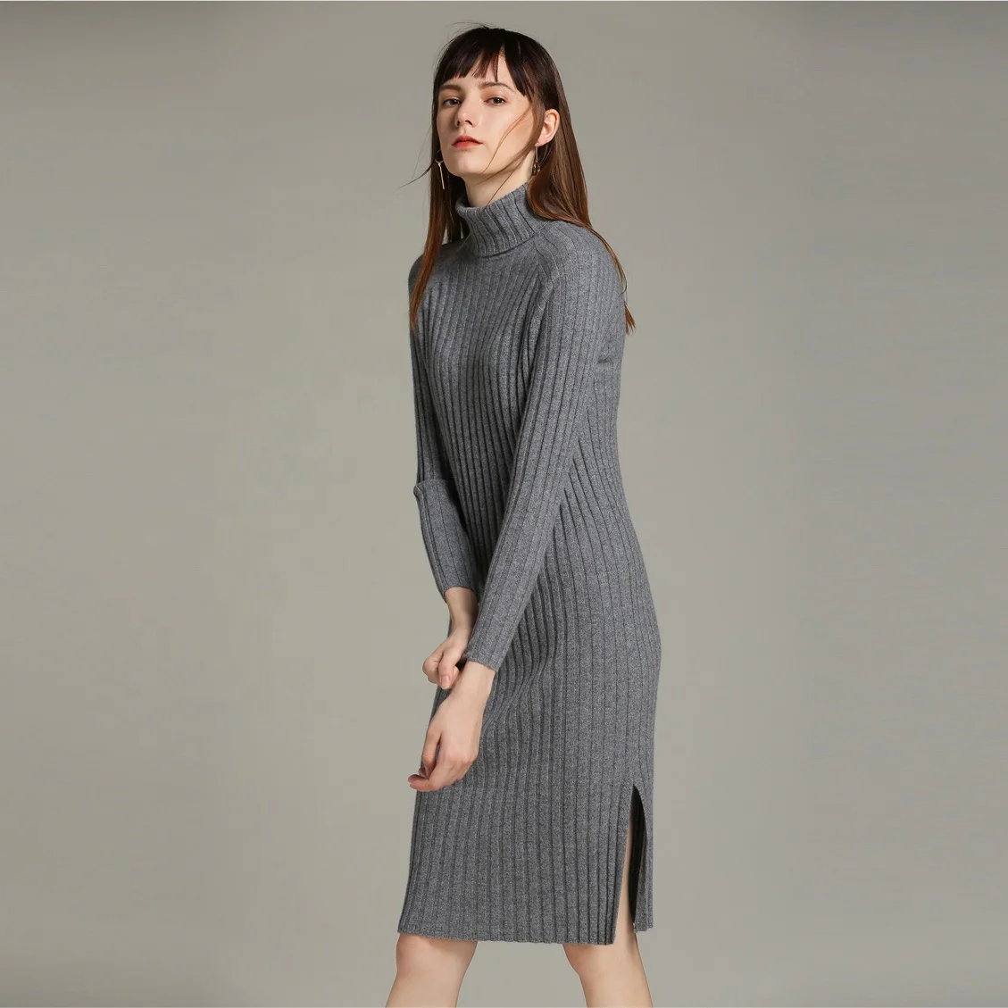 Пуловер вязаный ребристый сбоку сплит водолазка для женщин длинный свитер платье