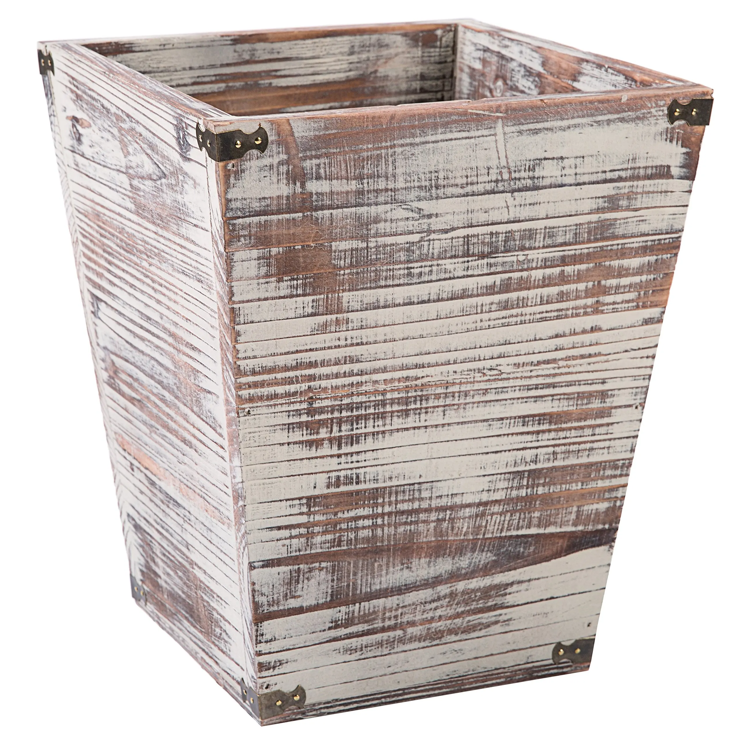 wood square wastebasket bin with decorative metal brackets