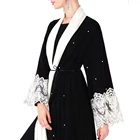 2019 Burqa Designs Muslim Dubai Fashion Front Open Kimono Long Women Abaya White Lace Beaded Islamic Muslim Dress Abaya