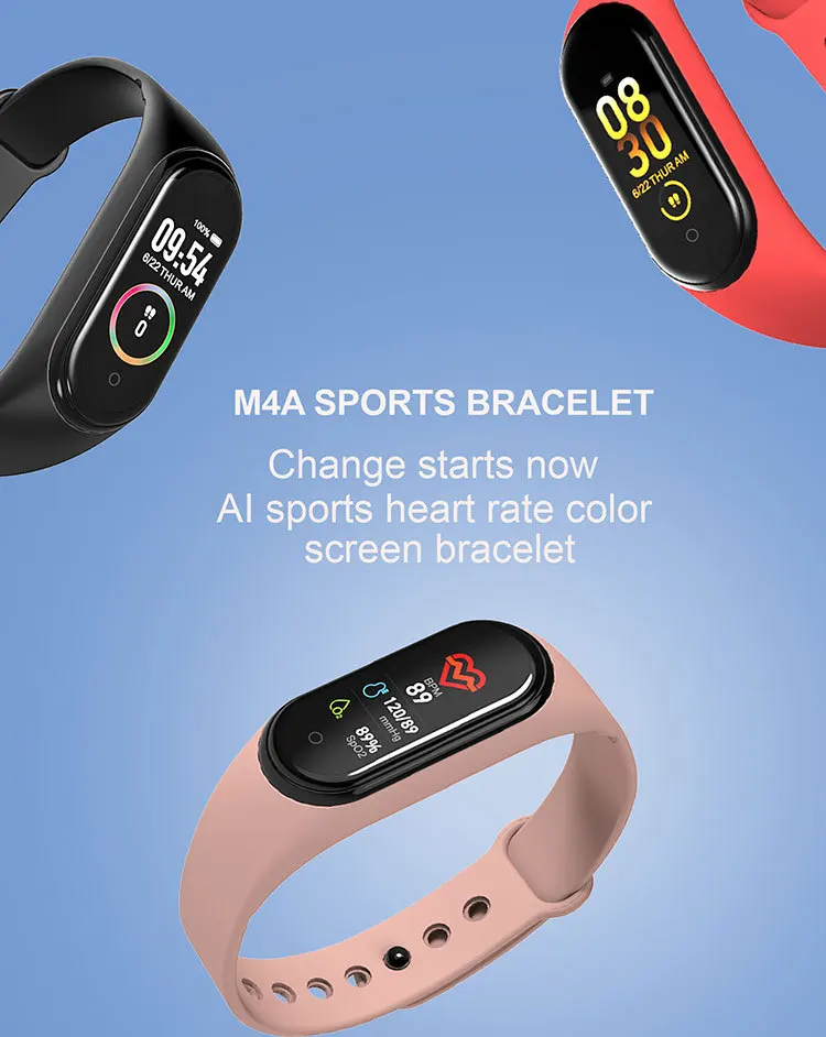 96 tft 彩色屏幕 m4 运动智能手环防水手链与血压和心率