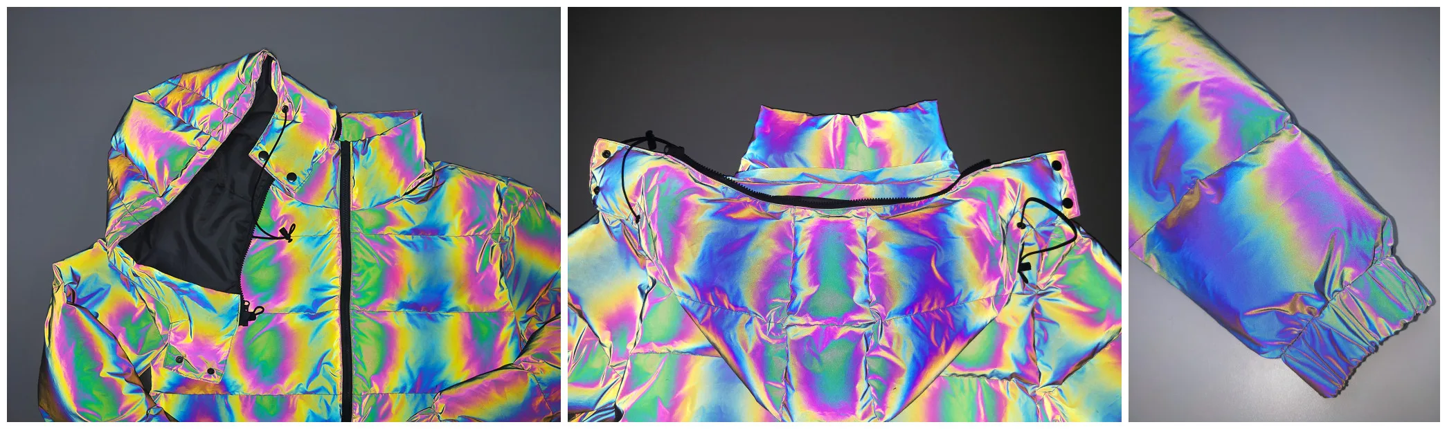 Custom Men's Removable hood High Street Winter Rainbow Reflective Jacket