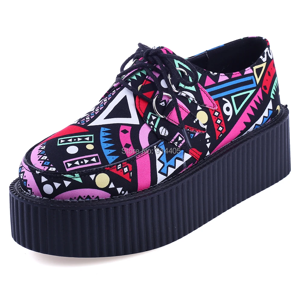 Women's Platform Creepers Flats 2015 Spring And Autumn Women Footwear Fashion Printed Lace Up Thick Flat Platform Harajuku Shoes