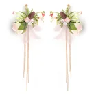 Ear Clip Cloth Art Simulation Flowers Tassel Drop Wedding Bridal Earrings