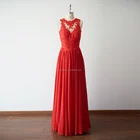Sheer Neck Red Lace Chiffon Long Wedding Bridesmaid Evening Prom Dress