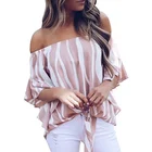 Women's Striped Off-Shoulder Trumpet Sleeve Shirt Bow Tie Casual Shirt Top