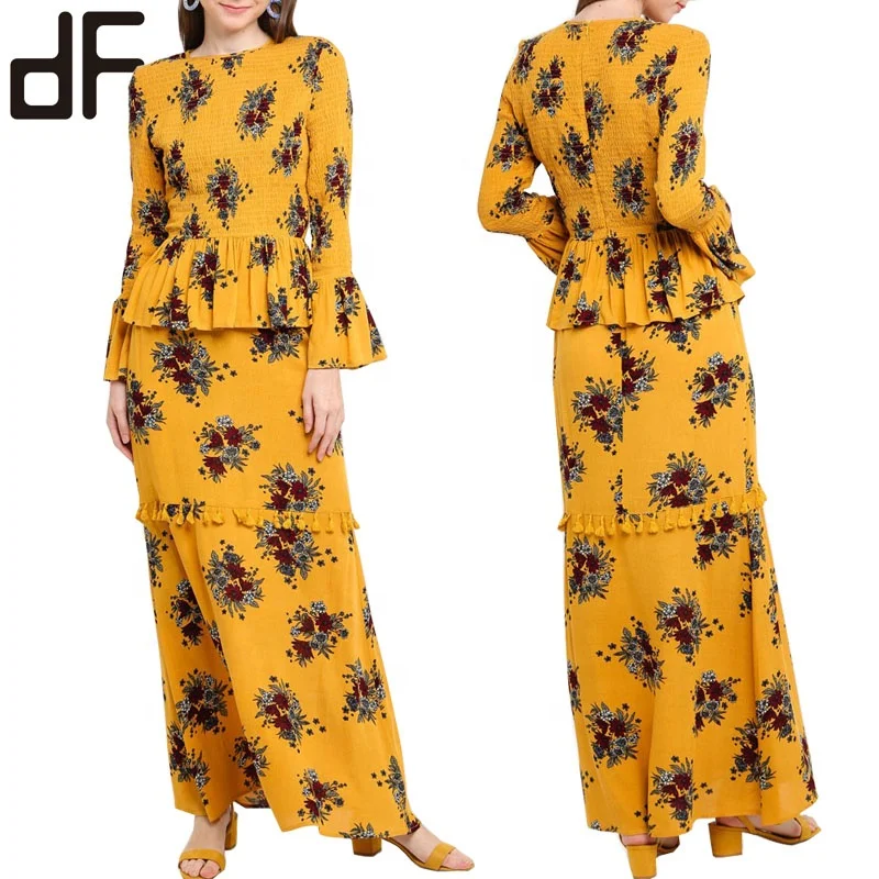 ODM faire moyen-orient dame porter des femmes musulmanes deux pièces robe jaune imprimé malaisie musulman modèle de mode Baju Kurung moderne