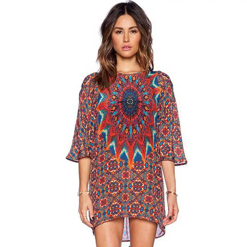 2015 Hot Sale Women Summer Style Dress Vestido 2015 Totem Print Half Sleeve Short Dress O-neck Vintage Loose Casual Dress