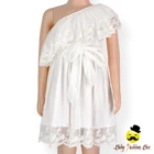 Fashion Max Clothing Children Summer Plain White One Shoulder Lace Trim Wedding Wear Ruffle Little Girl Party Dress