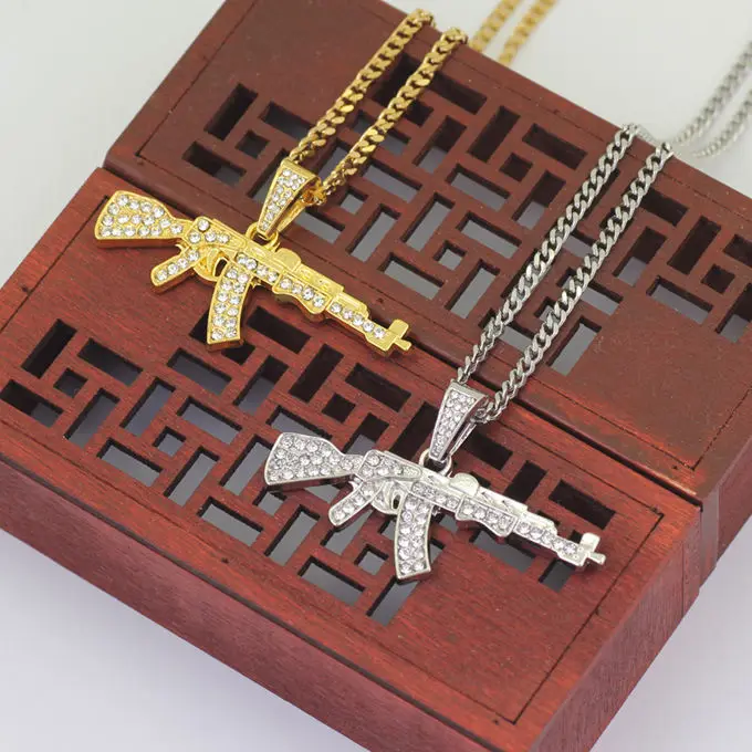 Hip hop AK47 gun zinc alloy pave with crystal rhinestone gold pendant necklace man women  jewelry