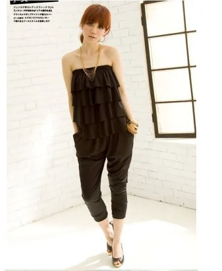 2015 Korean Style Hot Sale New Fashionable Leisure Fashion Chest Wrap Falbala Jump Suit Black
