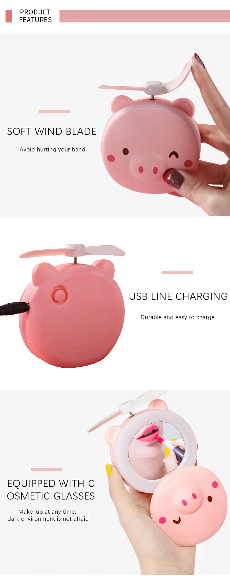 2019 new product pig  Holder Handheld Fan Makeup Mirror LED Mini Fan