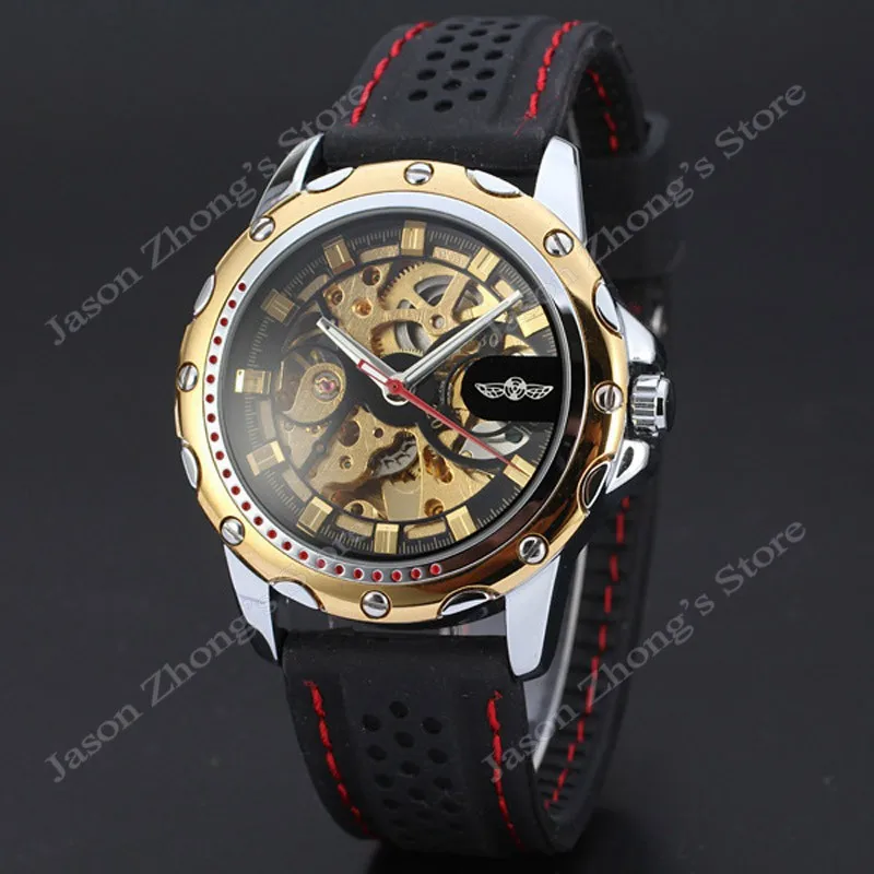 New WINNER Hollow Engraving Skeleton Casual Design Black Golden Case Rubber Strap Watches Men Luury Brand Automatic Watches