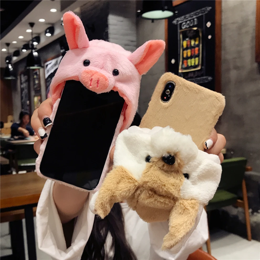 YEMIAO Pig Dog Hat Fur Case For iPhone X 6 6S 7 8 Plus Girl Style Winter Warm Cute Cover For iPhone X 10 6 6S 7 8 Plus Accessory (13)