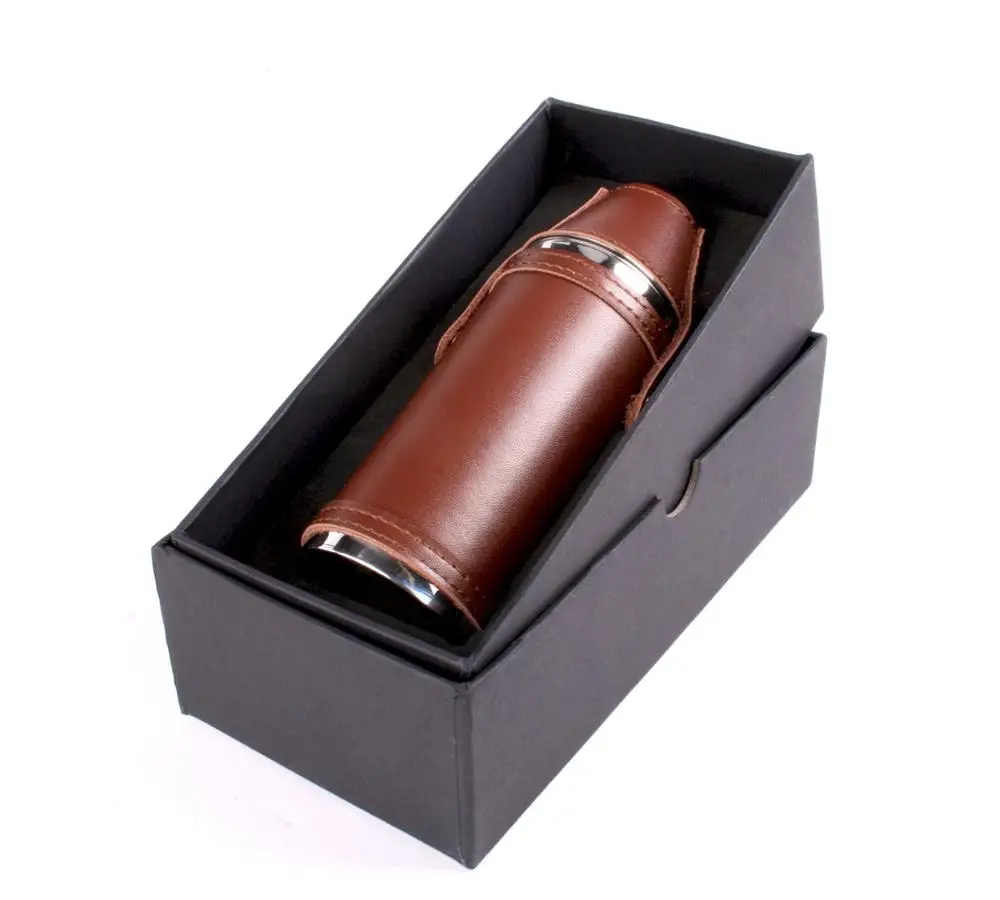 Stainless Steel 8oz Round Brown Vintage Leather Hip Flask With 2