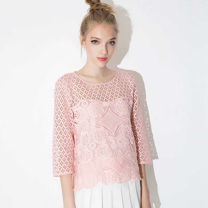 Autumn 2015 Fashion sexy Crochet Lace t-shirt women Seven points Sweet princess style hollow out t shirt Bottoming Lace shirt