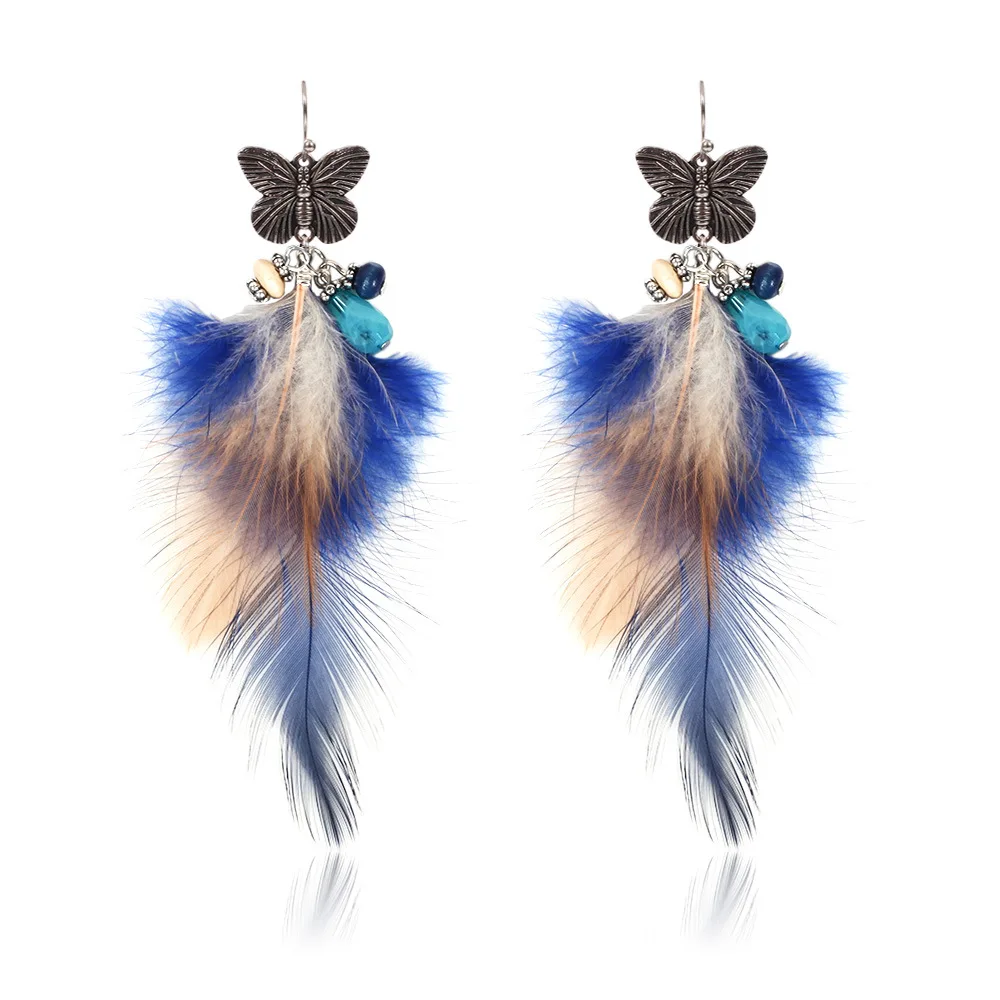 new butterfly earrings long feather earrings glamour blue