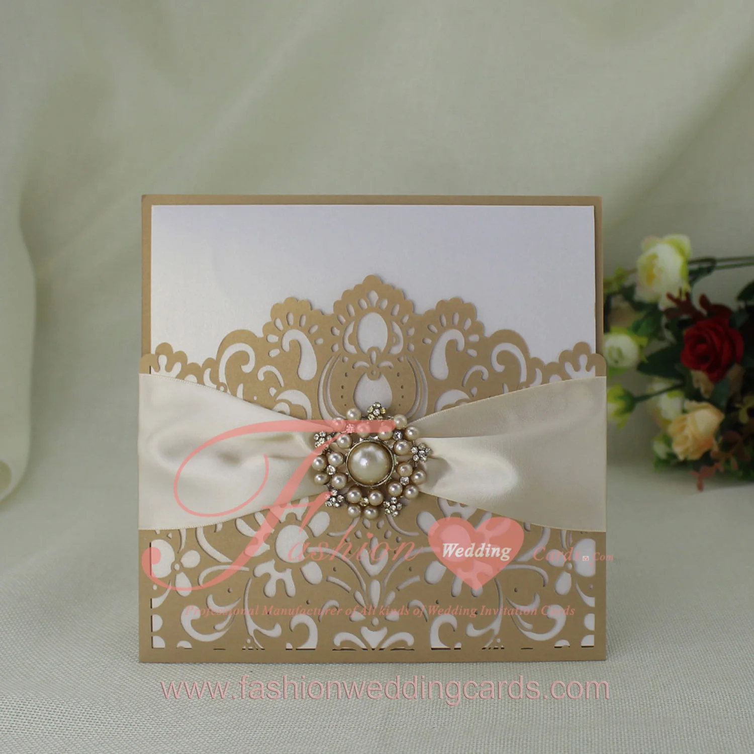 square luxurious laser cut wedding invitation card with ribbon