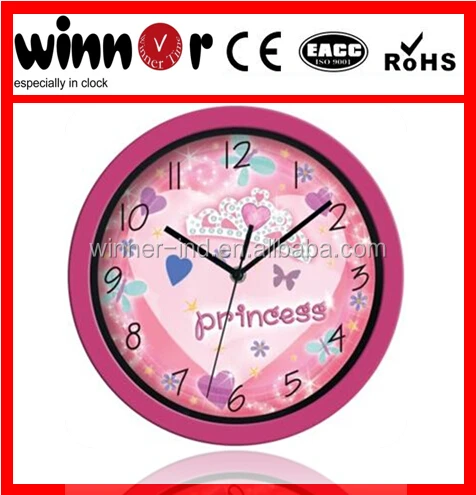 10 дюймов для девочек Круглый Пластиковые Детские Настенные часы с розовая принцесса дизайн