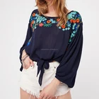 Floral Embroidery Blouse Batwing Long Sleeve Loose Tops Plus Size Blue Ladies Shirt Summer Women Clothes STb-0593