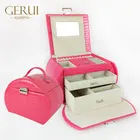 Leather round Jewelry Box Mirrored Watch Organizer Necklace Earring Storage Lockable Gift Case