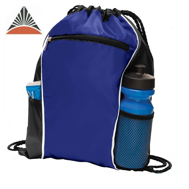 210d polyester front zipper pocket cheap drawstring backpack