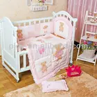 New design 100% cotton pink baby crib bedding set comfortable cot sets with embroidered teddy bear pattern