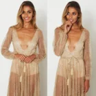 Woman sexy deep v neck long sleeve backless lace up collect waist shinny bling holiday beachwear casual dress