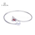 Red Crystal Bead Butterfly Shape Sterling Silver Pearl Bangle Cuff Bracelet For Women