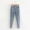 Summer new foot V-shaped decorative ladies washed casual tight-fitting jeans