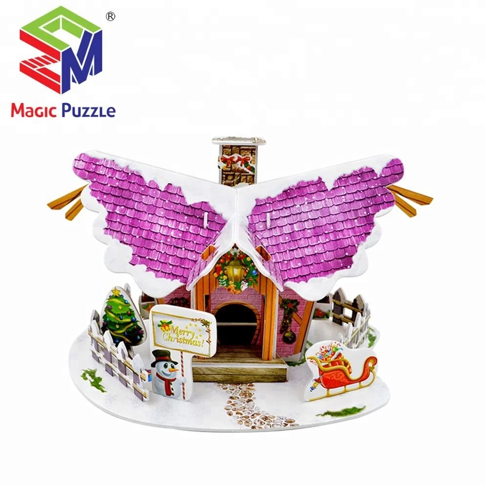 3d puzzle christmas gift snow blue villa paper cardboard puzzle