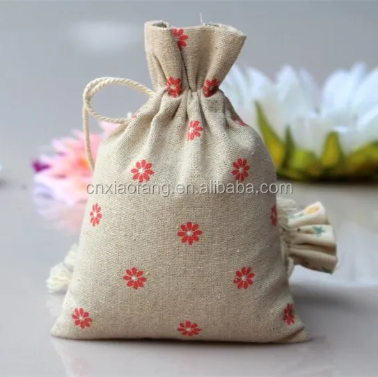 flower design printed jute gift packaging bag/hemp drawstring