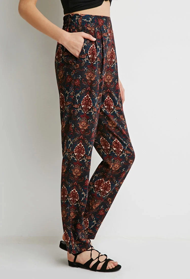 2015 New Model 100 Rayon Women Pleated Baroque Print Pants/ Custom