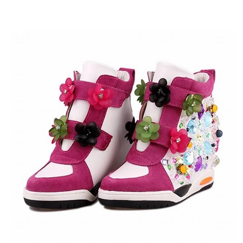 2015 Women Wedge Sneakers Sport Platform Shoes For Woman Genuine leather Rhinestone Flower Hidden High heel Casual Ladies Shoes