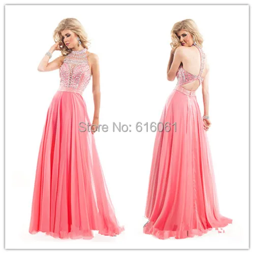 Vestidos De Festa 2015 Long Prom Dresses Halter Sleeveless Backless Floor Length Chiffon Crystal Beaded Evening Dress Party Gown
