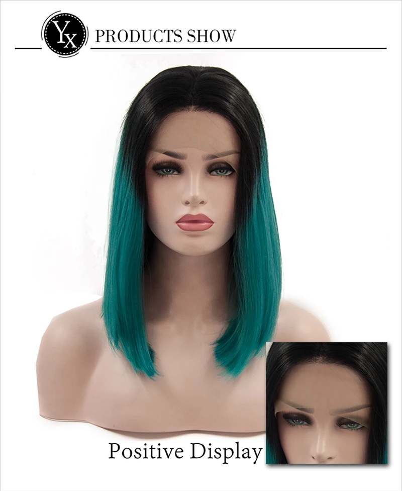 Black Ombre Green Straight Bob Synthetic Lace Front Wigs For Women