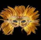 Golden Feather Headgear Carnival Party Headdress Rhinestone Headpiece with Eye Mask