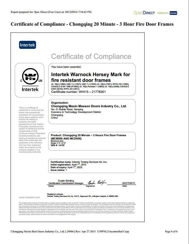 WH CERTIFICATION FOR FRAMES