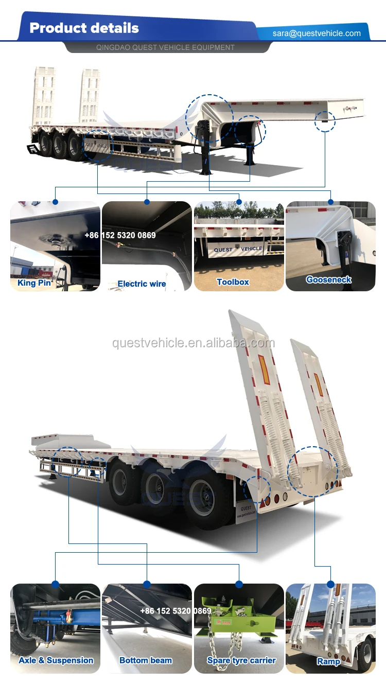 2 Axles 30 Tons Heavy Duty Machinery Transport low bed chasis low flatbed semi trailer.jpg