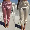 P0119 Fashion Soft Thin Satin Casual Plain Pink Beige High Waist Slim Fit Pants Women