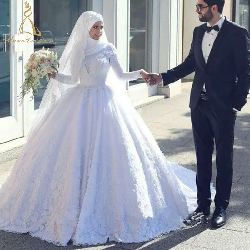 De gran tamaño vestido la última boda imagen diseño el Líbano Bola de cuello alto 2018 de manga larga de encaje modesto vestido de novia