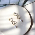 JUHU Wholesale female gold plated pearl earrings 2 circles shaped geometric drop earrings