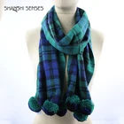 Scarf With Pom Pom Scarf Long Blanket Shawl Green Blue Plaid Scarf With Pom Pom