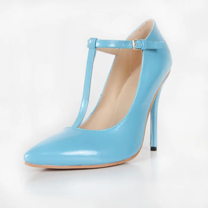 Blue Patent Leather Dress Shoes For Women Pointed Toe 2015 Pump Stilettos Designer Women High Heel Pump Fashion Slip-ons T-strap