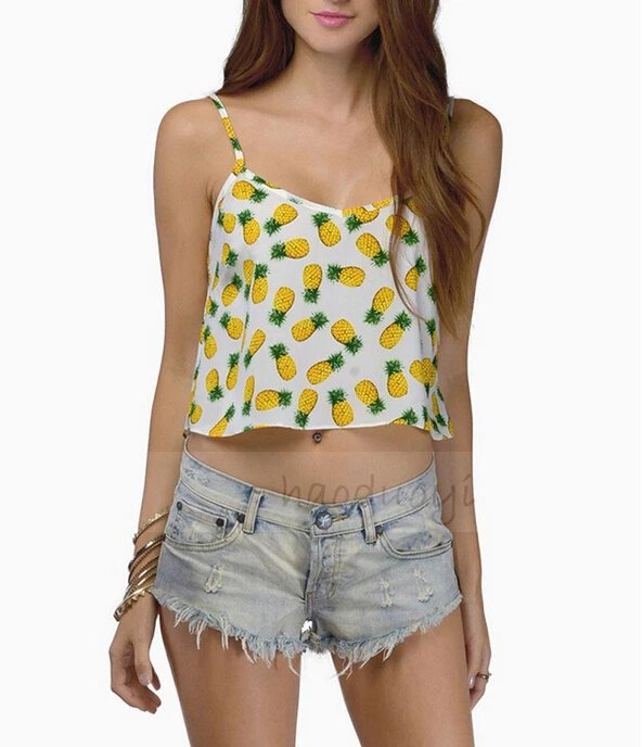 new arrival 2015 women european style kawaii crop top women cartoon pineapple print chiffon casual plus size camis