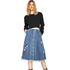 Ladies high-waist long denim skirt lace contrast denim midi a-line skirt